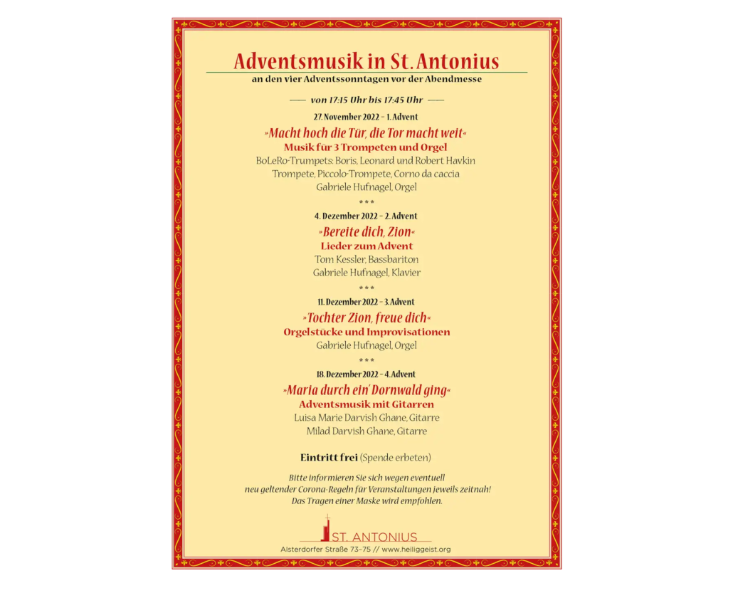 Adventsmusiken in St. Antonius 2022, sonntags vor dem Abendmesse