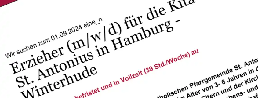 Erzieher (m/w/d) für die Kita St. Antonius in Hamburg - Winterhude