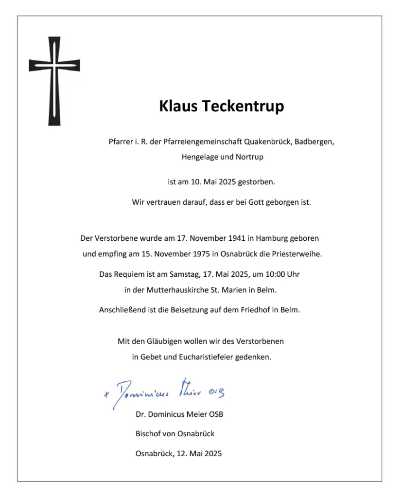 Klaus Teckentrup – Pfarrer i.R. *17.11.1941 – †10.05.2025