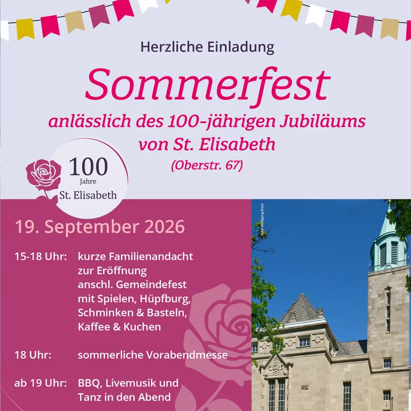 Einladung zum Sommerfest der katholischen Gemeinde St. Elisabeth, Hamburg-Harvestehude am 19. September 2026 anlässlich des 100-jährigen Jubiläums der Gemeinde